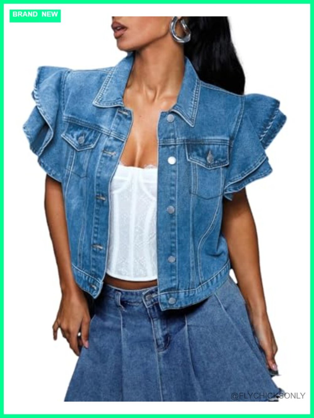 Cropped Denim Jacket Ruffle Sleeve Button Down Summer Jean Jacket